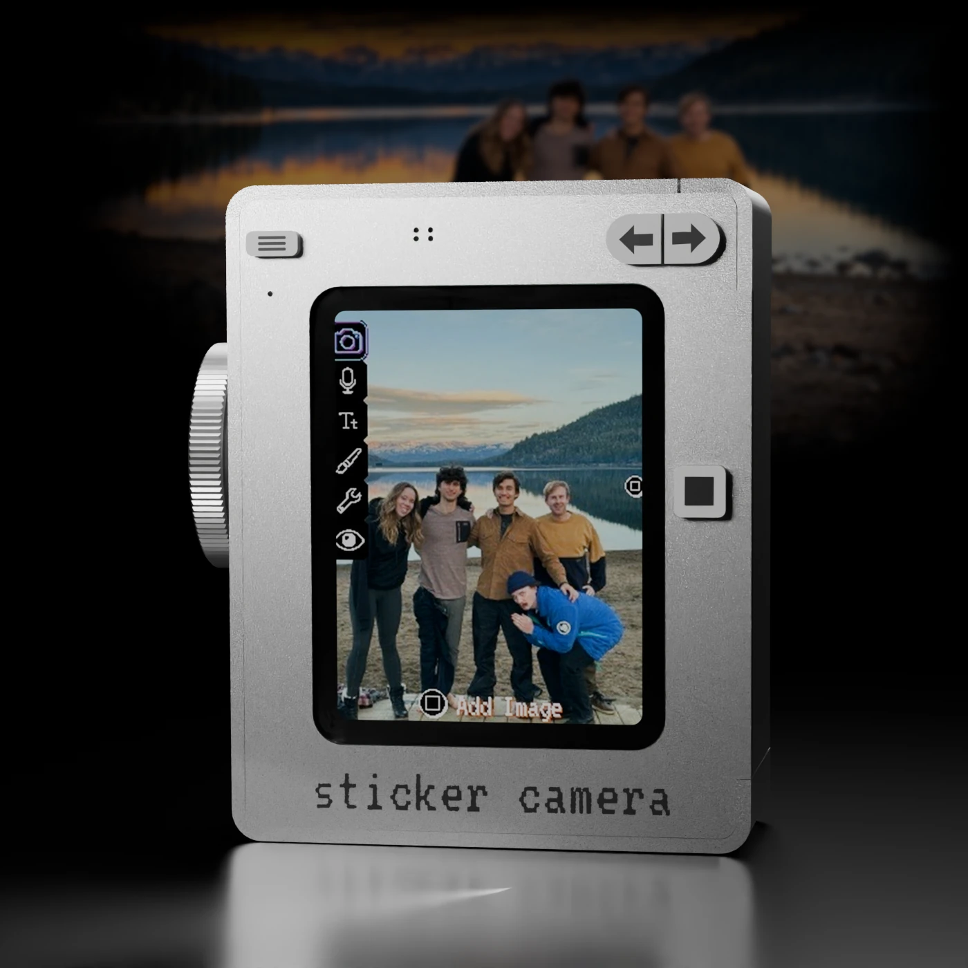 Sticker Camera taking a photo of friends at the lake, with the same scene on its screen